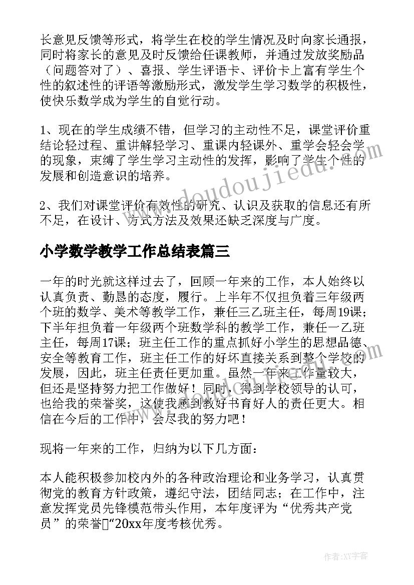 2023年小学数学教学工作总结表(汇总6篇)