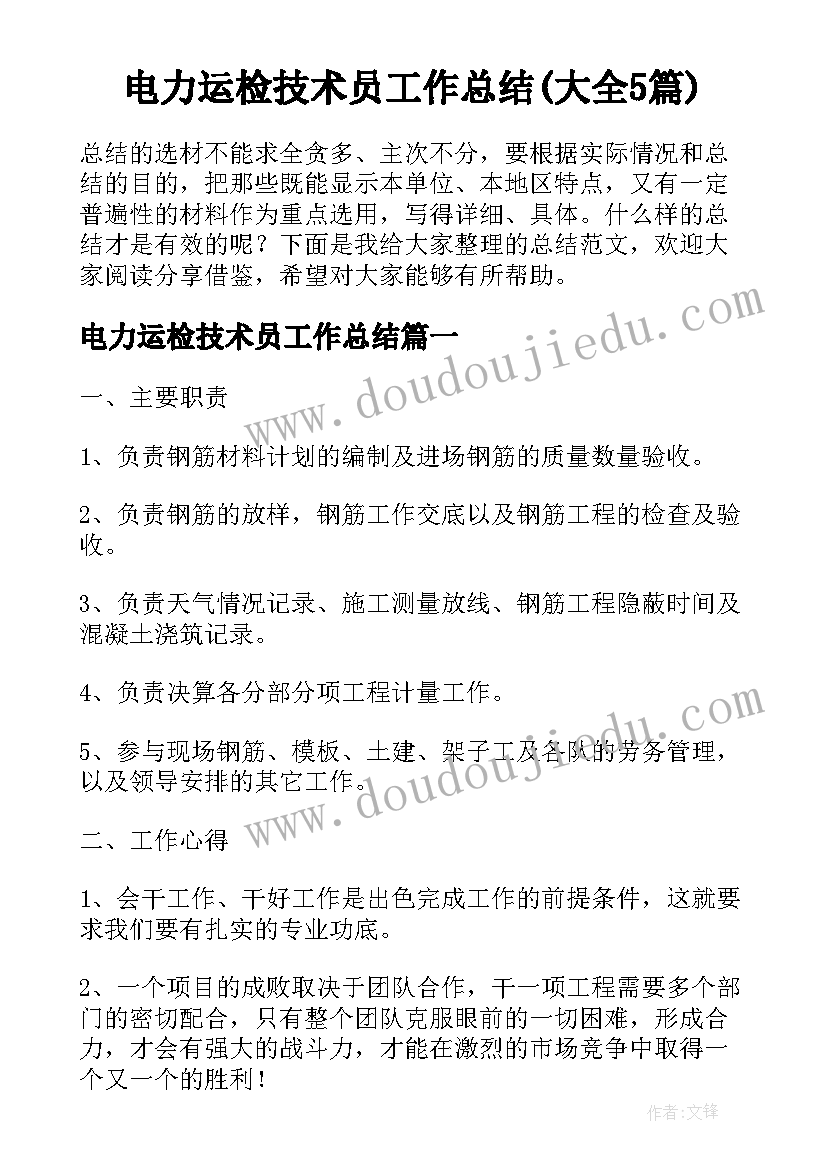 电力运检技术员工作总结(大全5篇)