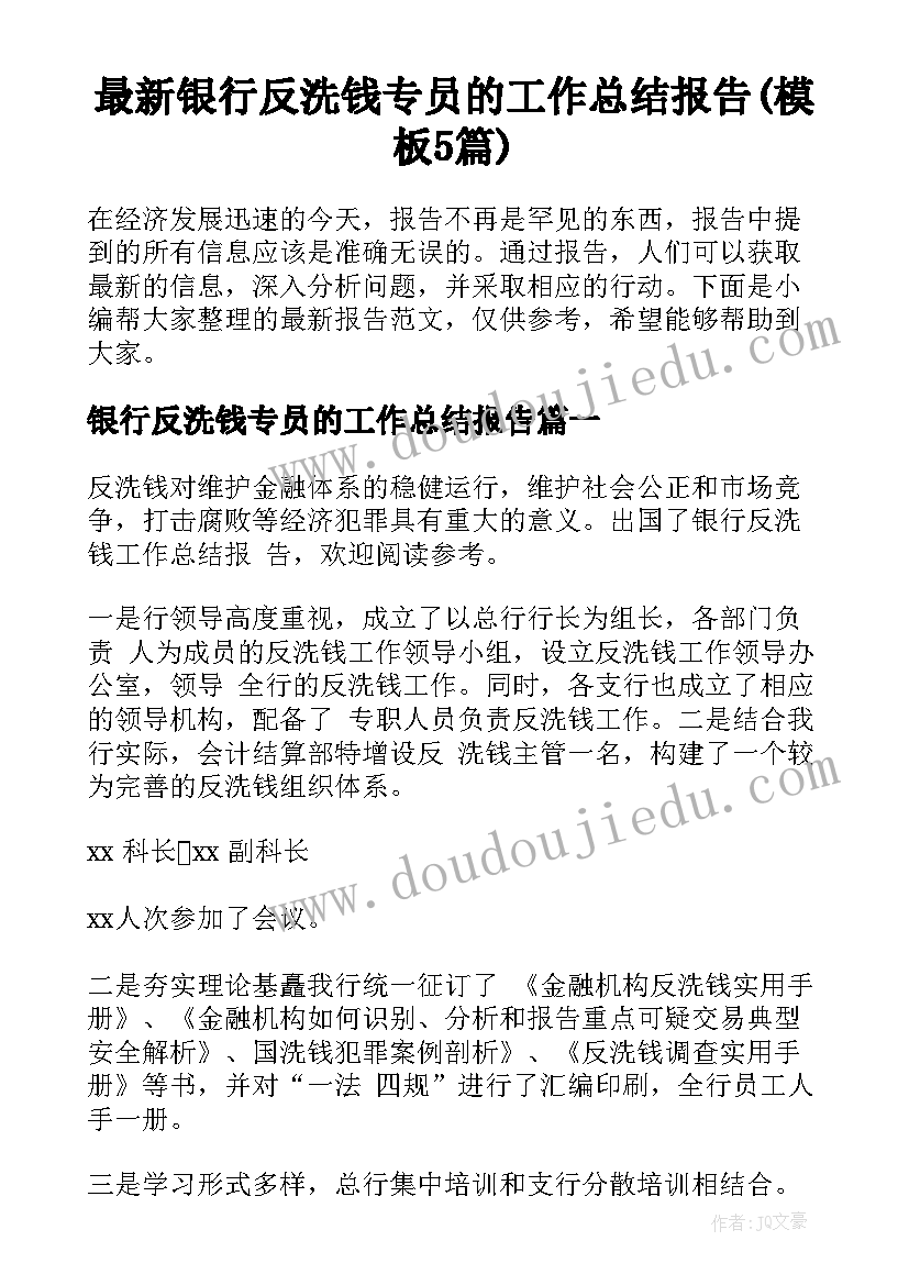 最新银行反洗钱专员的工作总结报告(模板5篇)