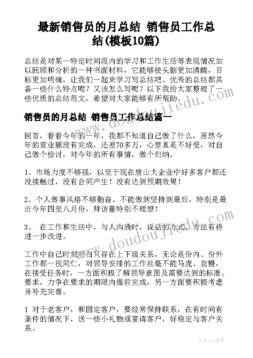 最新销售员的月总结 销售员工作总结(模板10篇)