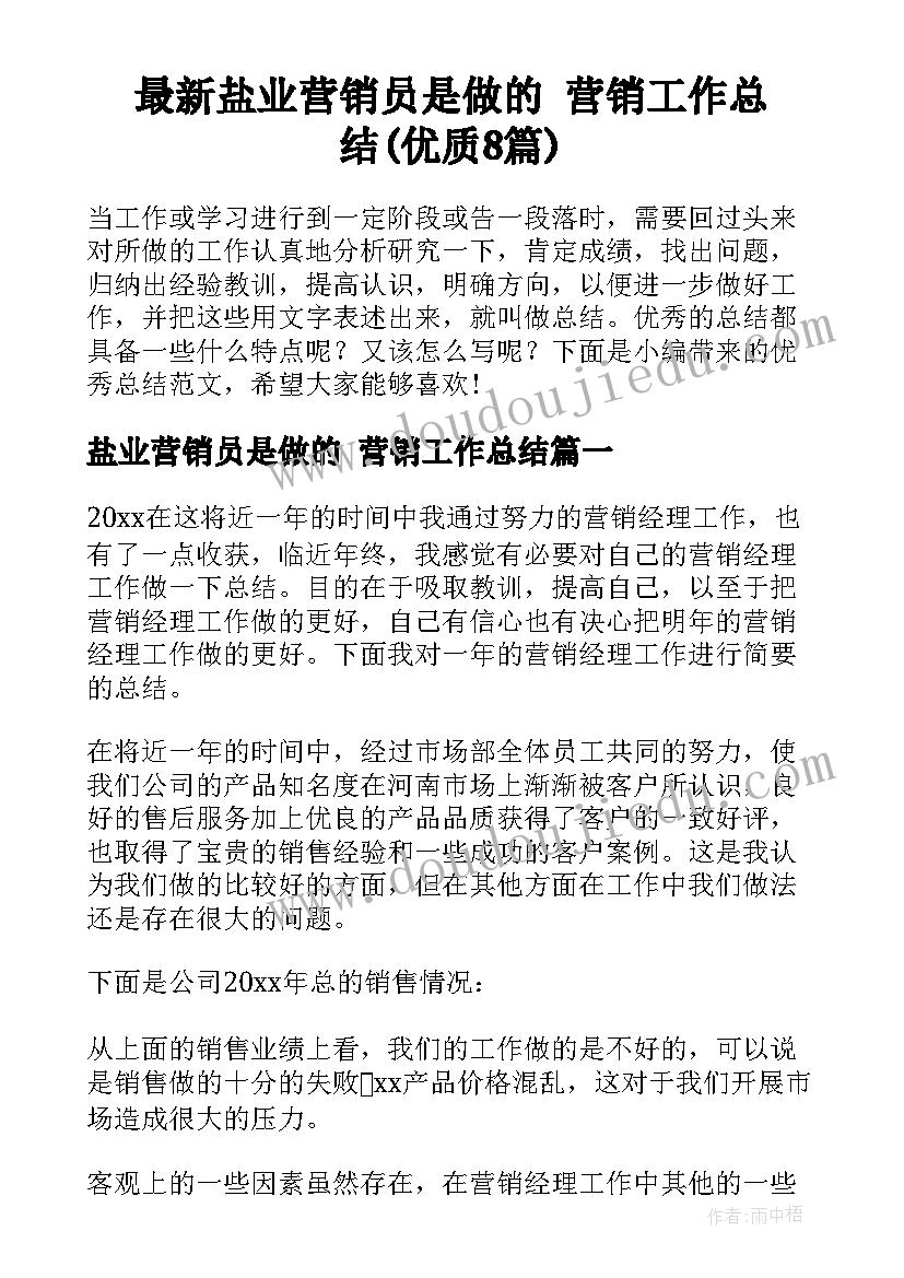 最新盐业营销员是做的 营销工作总结(优质8篇)