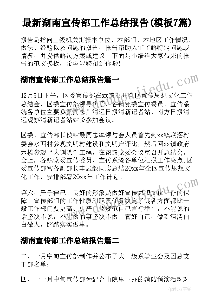 最新湖南宣传部工作总结报告(模板7篇)