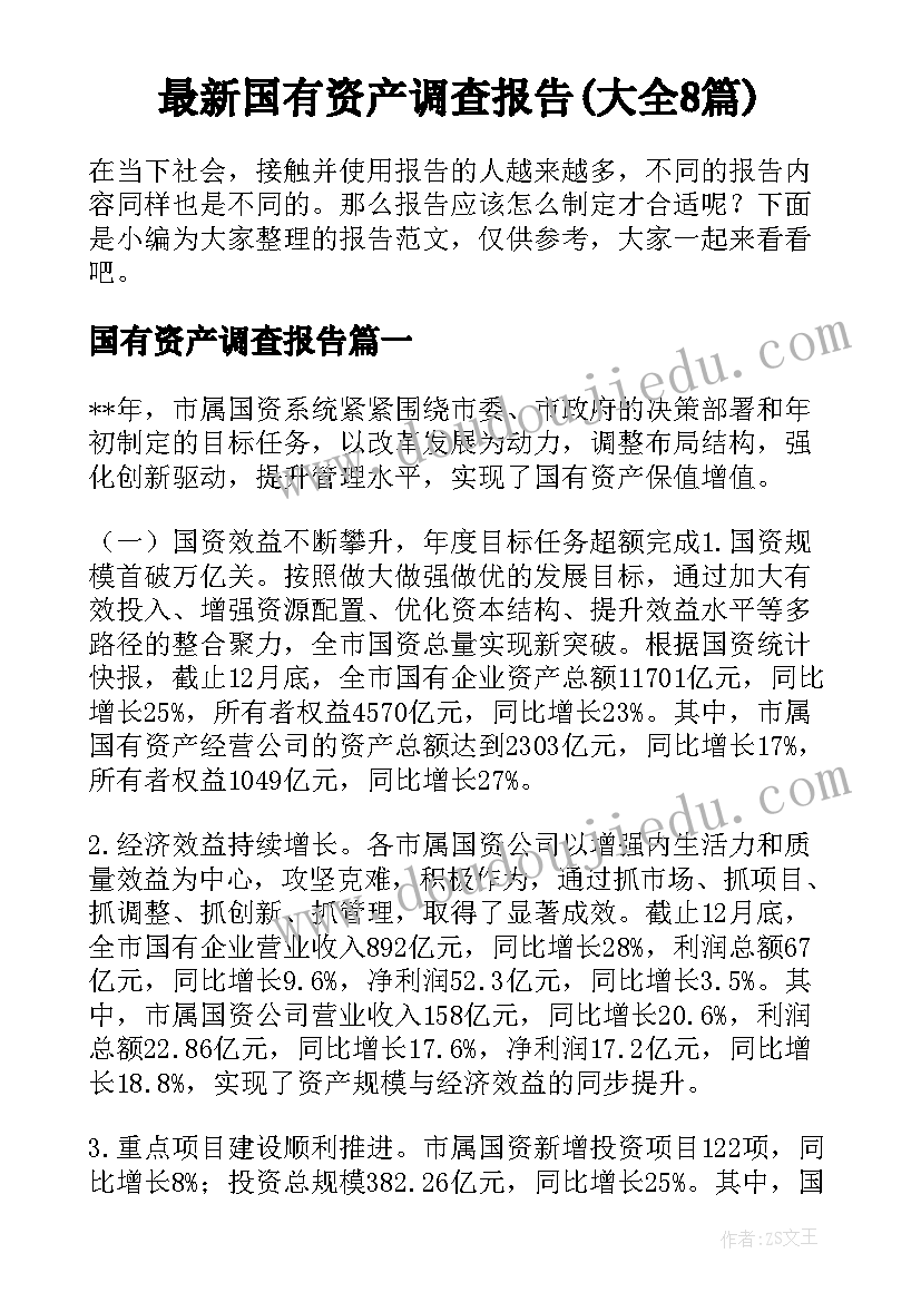 最新国有资产调查报告(大全8篇)