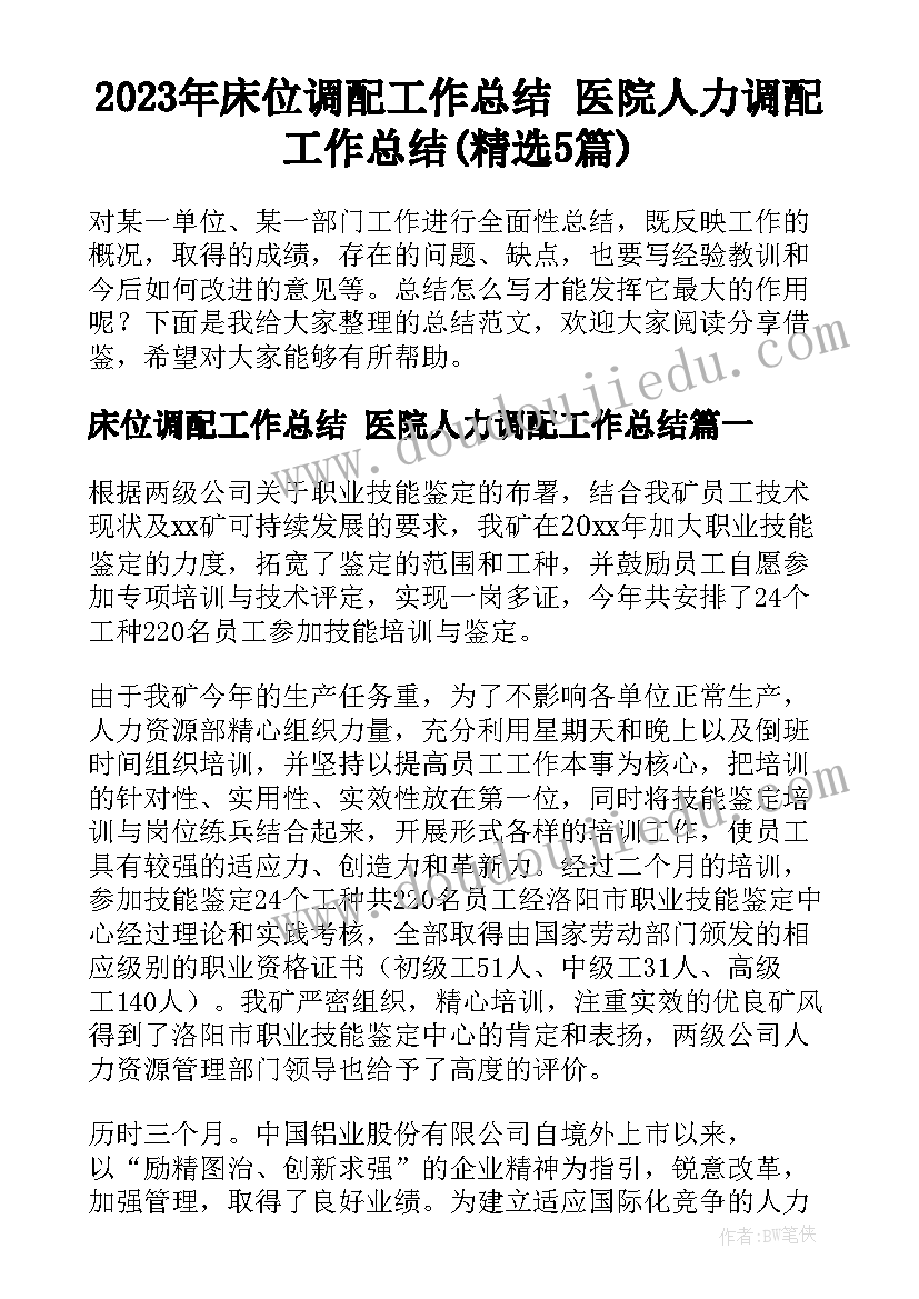 2023年床位调配工作总结 医院人力调配工作总结(精选5篇)