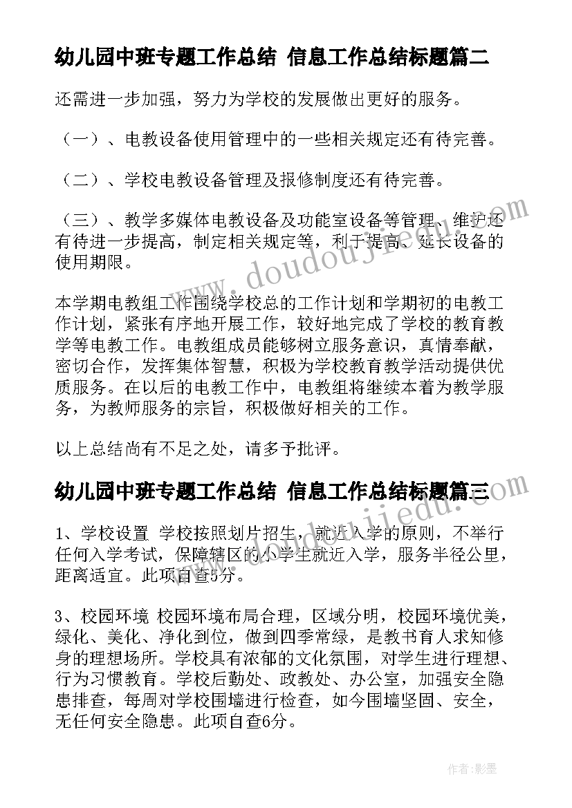 最新幼儿园中班专题工作总结 信息工作总结标题(优秀5篇)