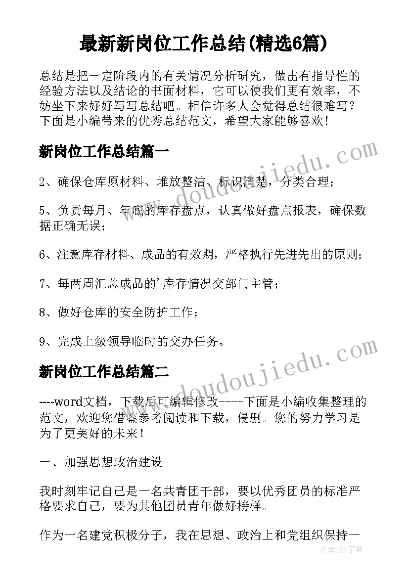 最新新岗位工作总结(精选6篇)