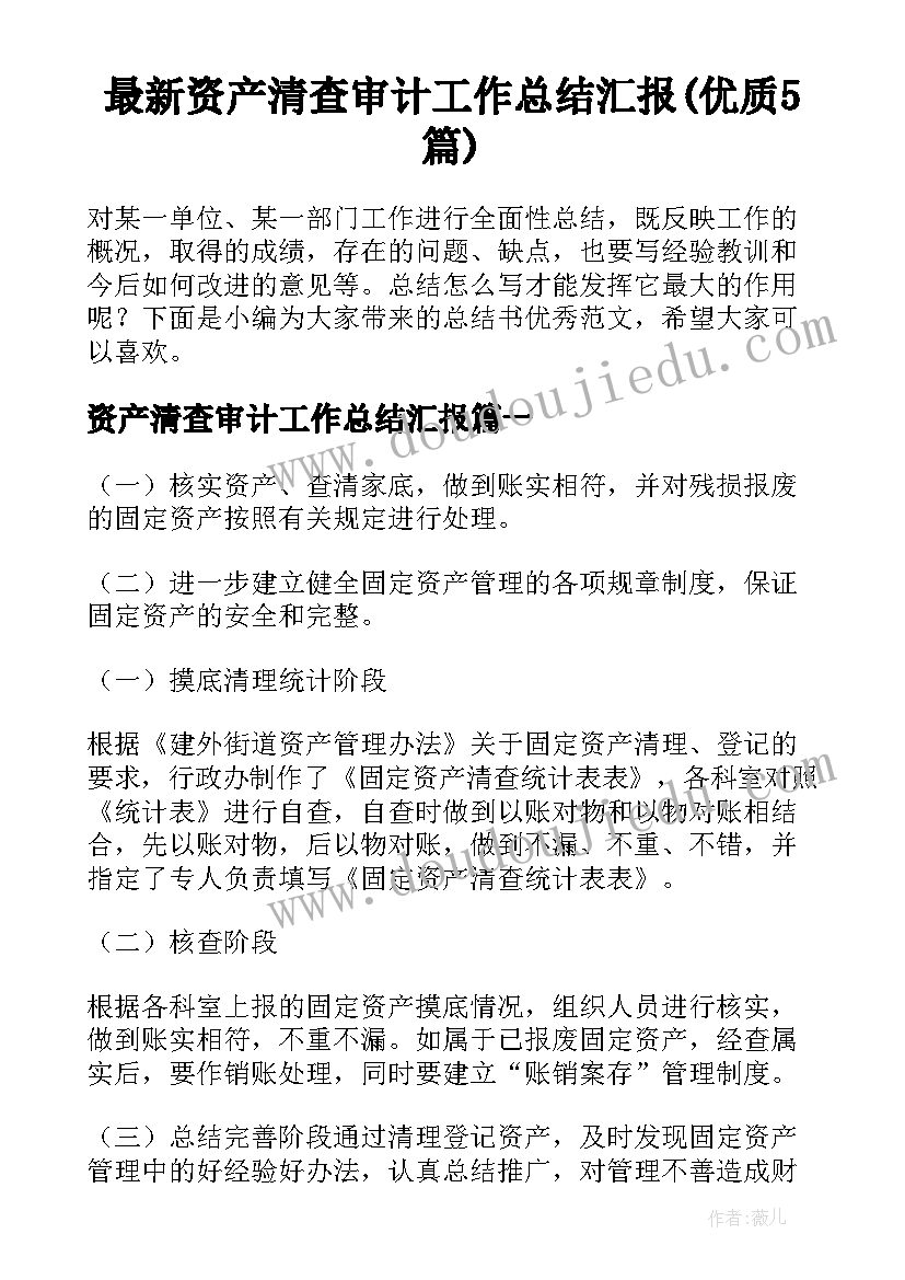 最新资产清查审计工作总结汇报(优质5篇)