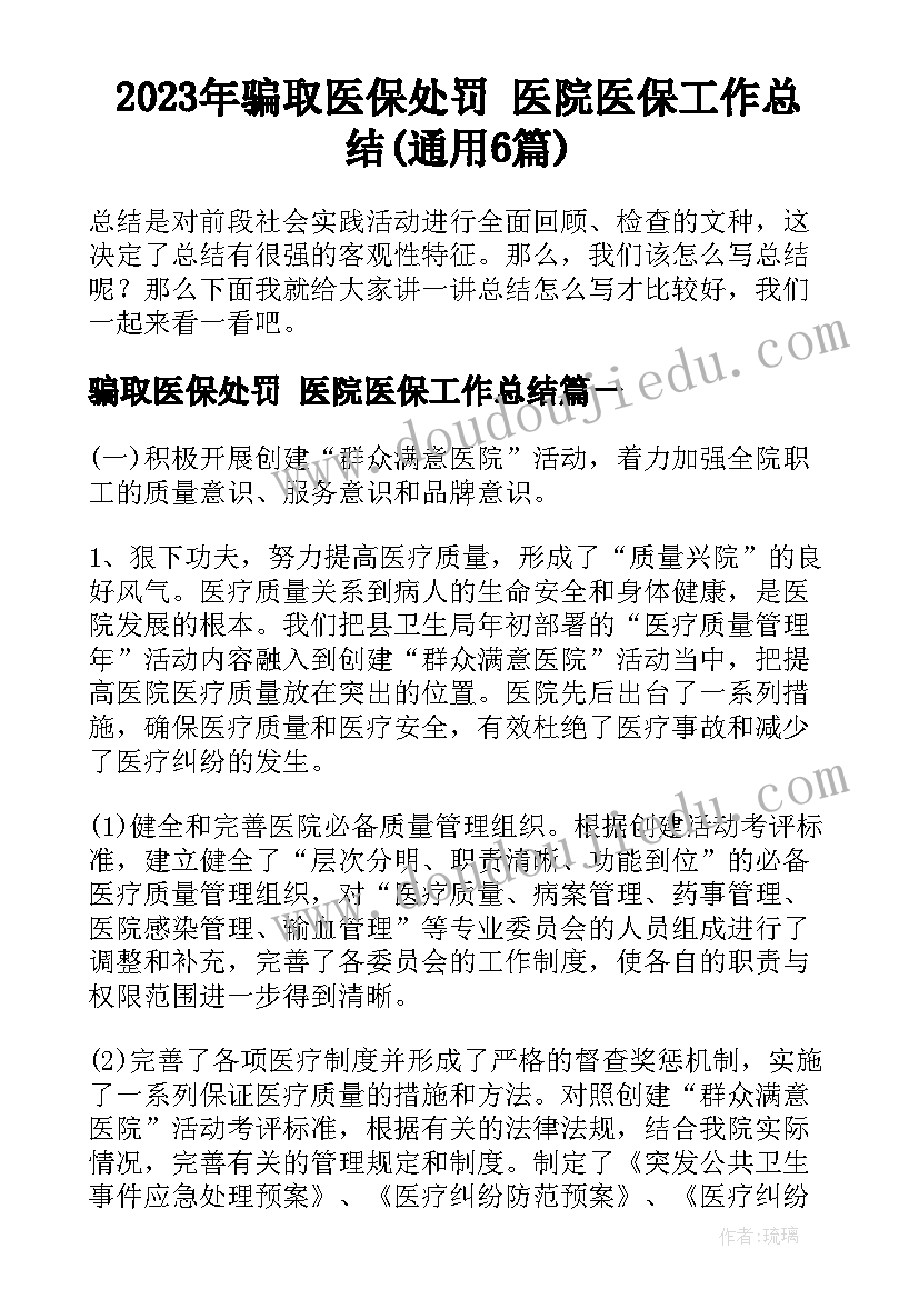 2023年骗取医保处罚 医院医保工作总结(通用6篇)