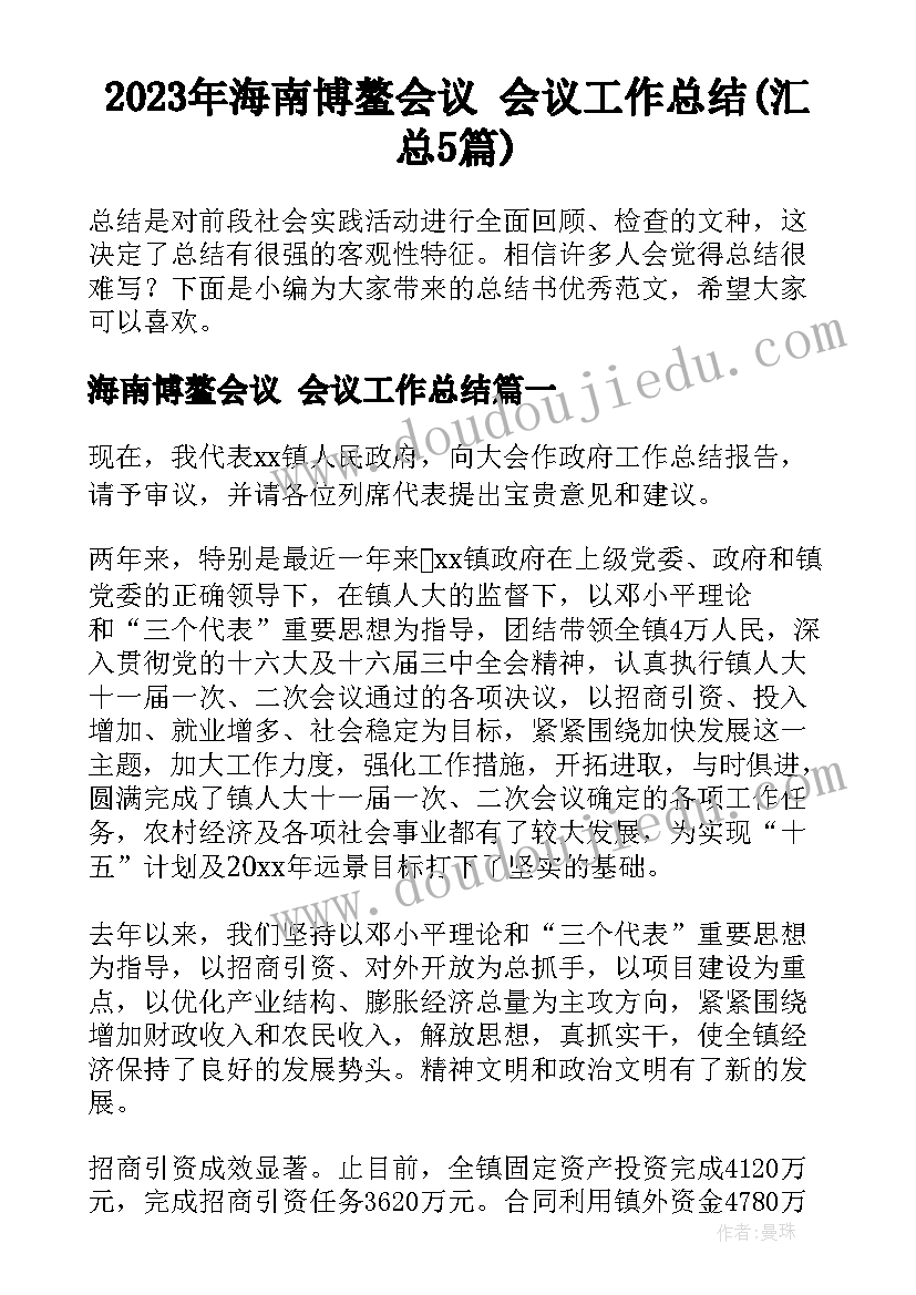 2023年海南博鳌会议 会议工作总结(汇总5篇)