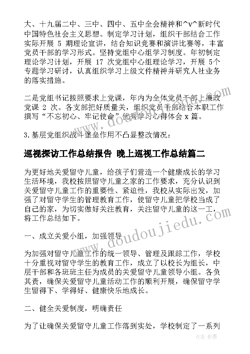 巡视探访工作总结报告 晚上巡视工作总结(通用5篇)