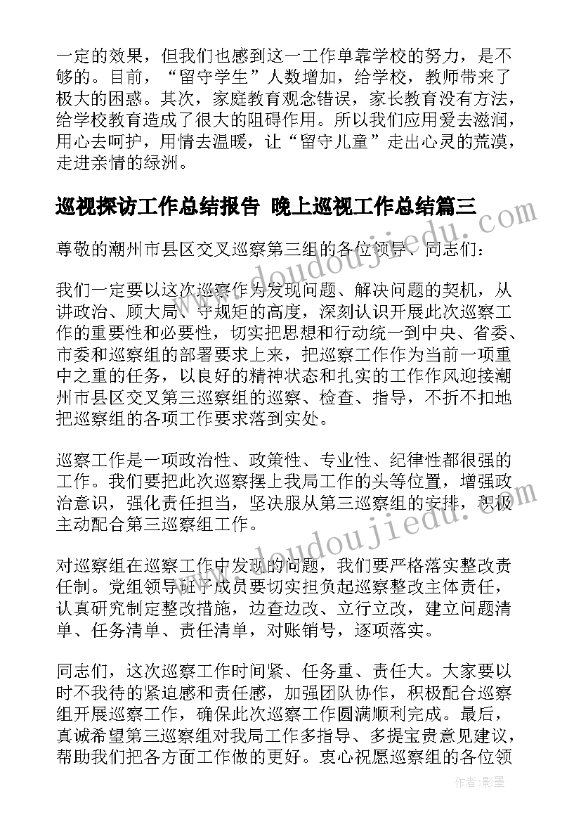 巡视探访工作总结报告 晚上巡视工作总结(通用5篇)