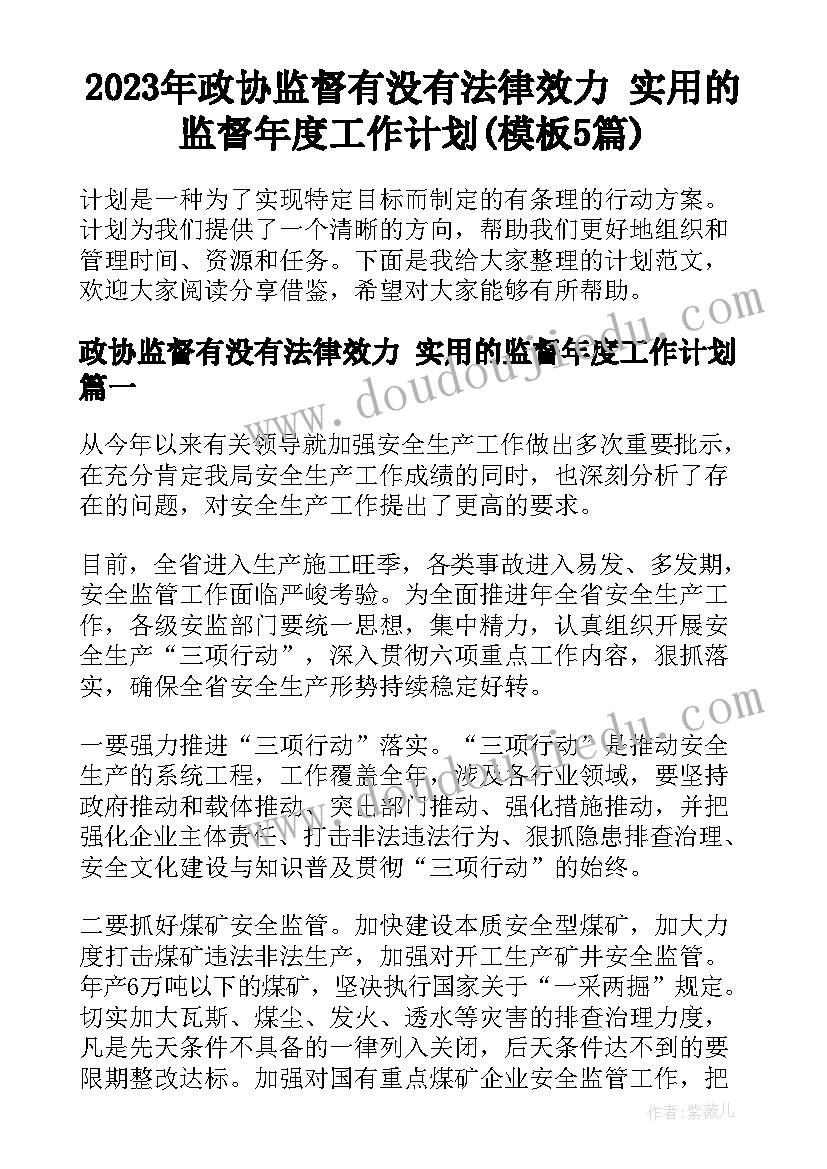 2023年政协监督有没有法律效力 实用的监督年度工作计划(模板5篇)