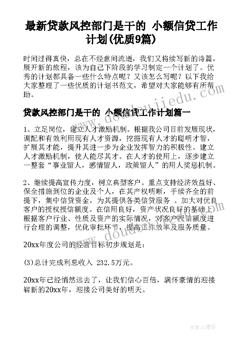 最新贷款风控部门是干的 小额信贷工作计划(优质9篇)