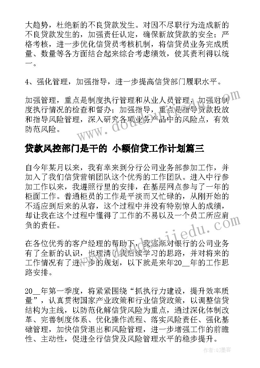 最新贷款风控部门是干的 小额信贷工作计划(优质9篇)