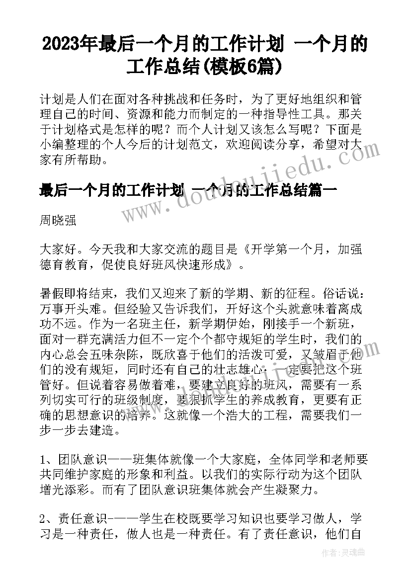 2023年最后一个月的工作计划 一个月的工作总结(模板6篇)