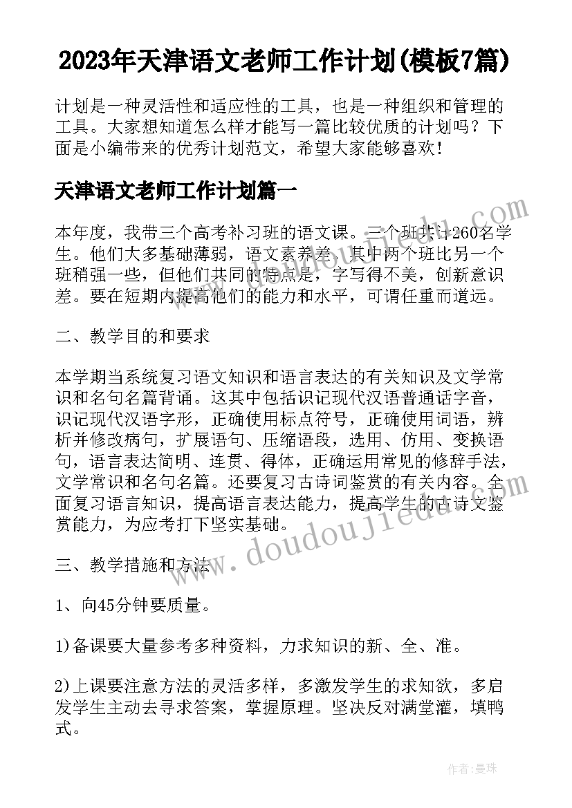 2023年天津语文老师工作计划(模板7篇)