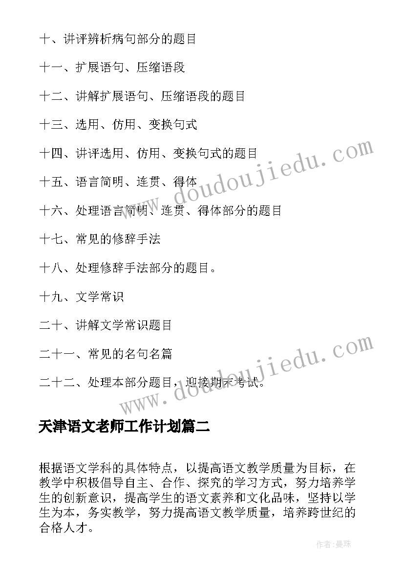 2023年天津语文老师工作计划(模板7篇)