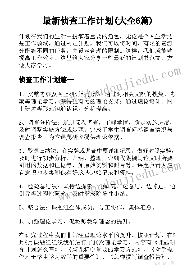 最新侦查工作计划(大全6篇)