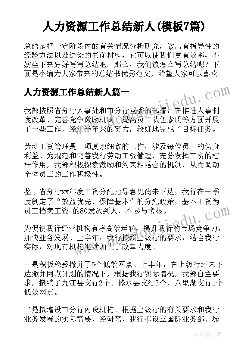 人力资源工作总结新人(模板7篇)