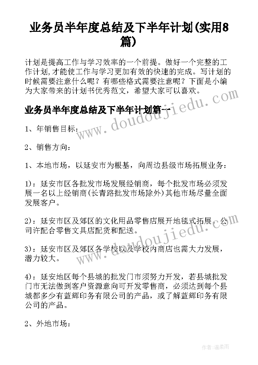 业务员半年度总结及下半年计划(实用8篇)