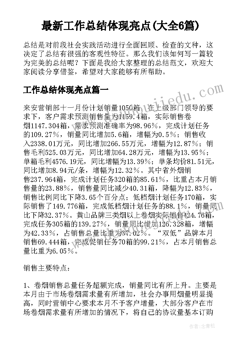 最新工作总结体现亮点(大全6篇)