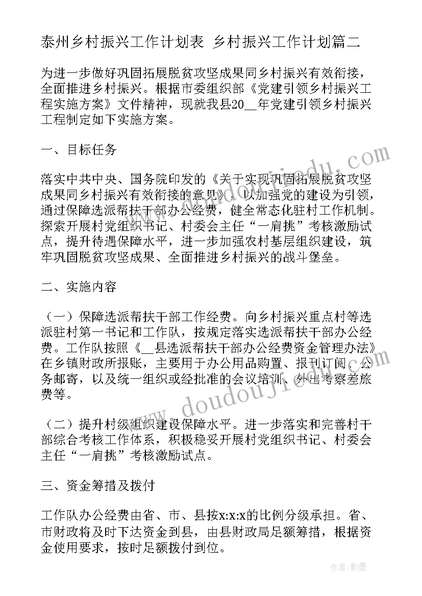 泰州乡村振兴工作计划表 乡村振兴工作计划(优秀5篇)