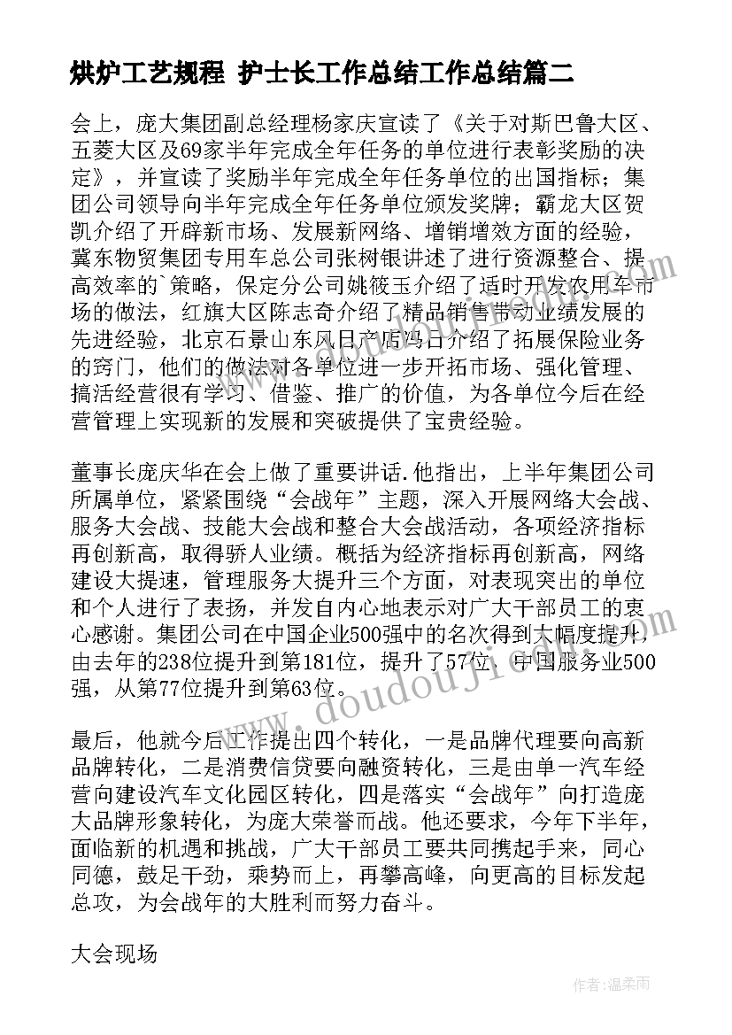 烘炉工艺规程 护士长工作总结工作总结(大全6篇)