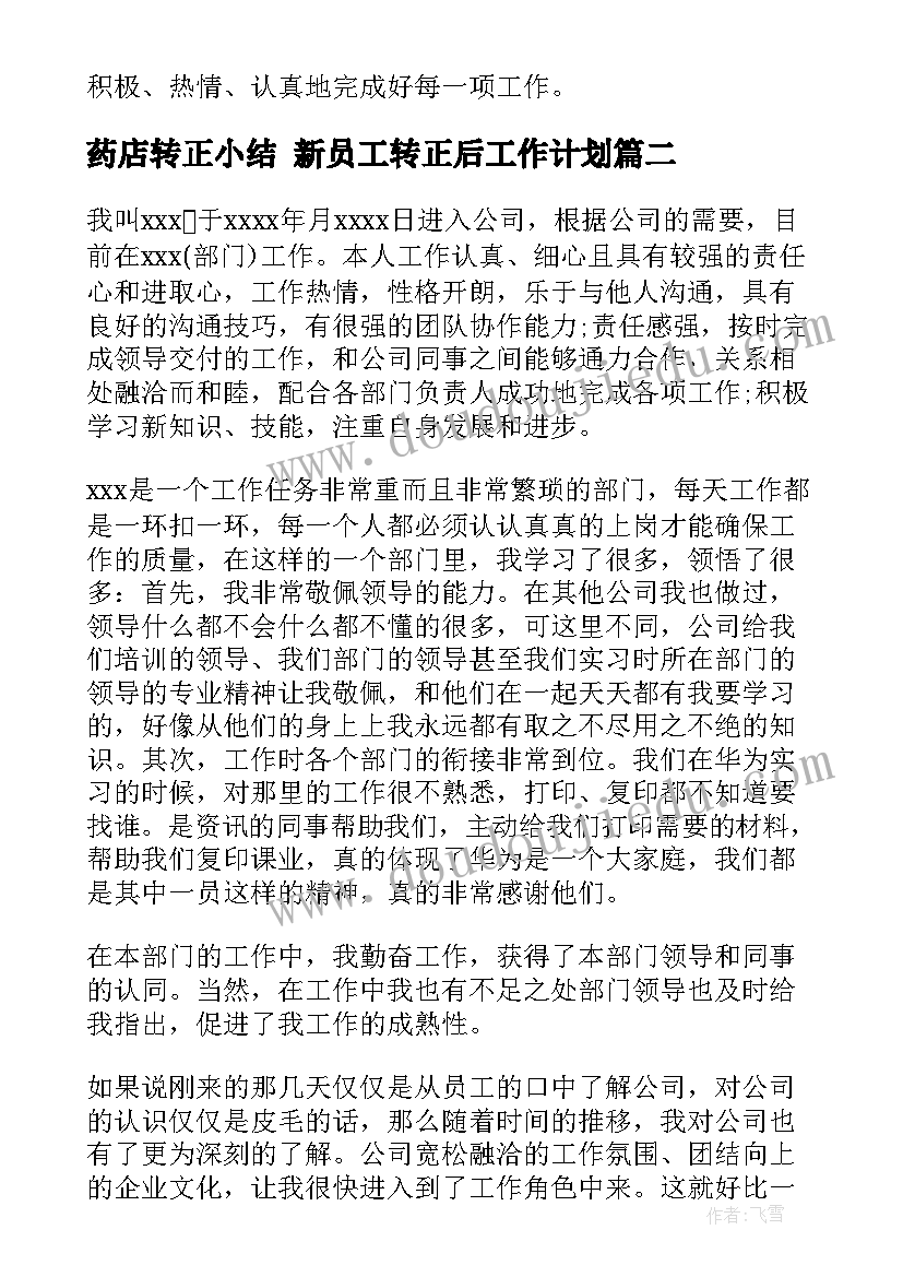 药店转正小结 新员工转正后工作计划(精选8篇)