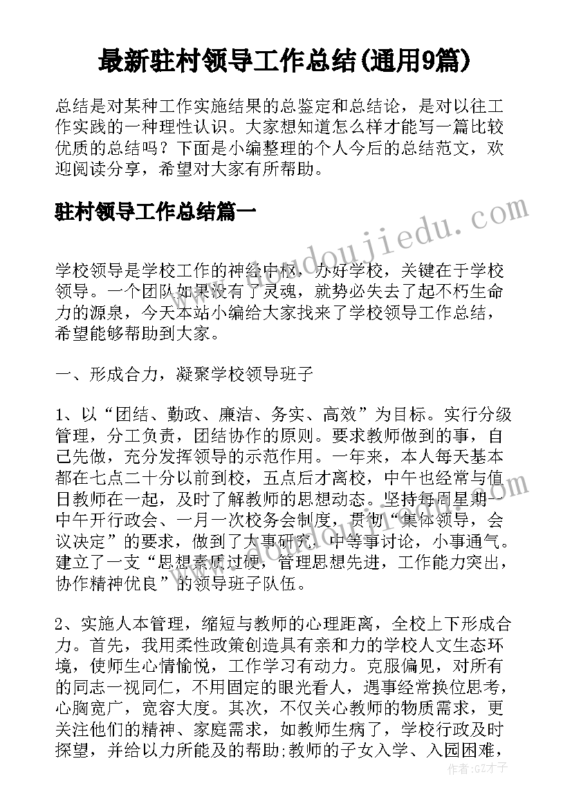 最新驻村领导工作总结(通用9篇)