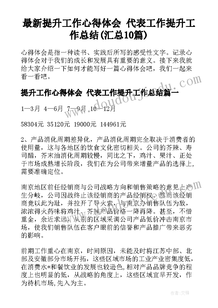 最新提升工作心得体会 代表工作提升工作总结(汇总10篇)