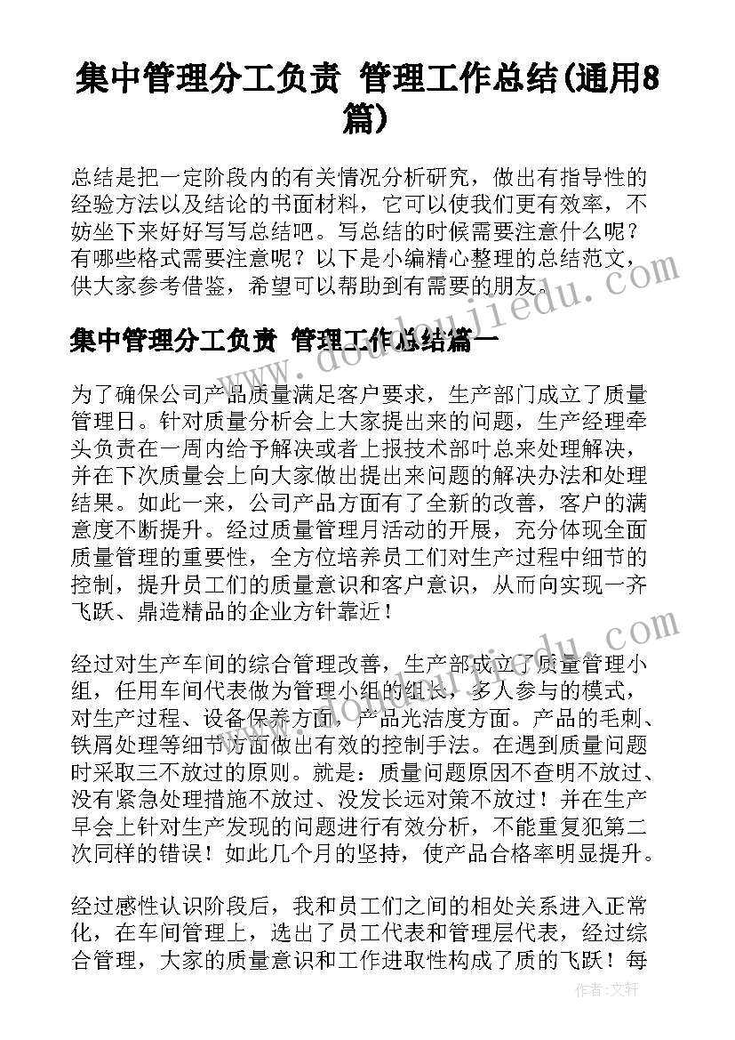 集中管理分工负责 管理工作总结(通用8篇)