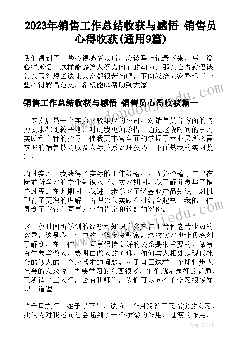 2023年销售工作总结收获与感悟 销售员心得收获(通用9篇)