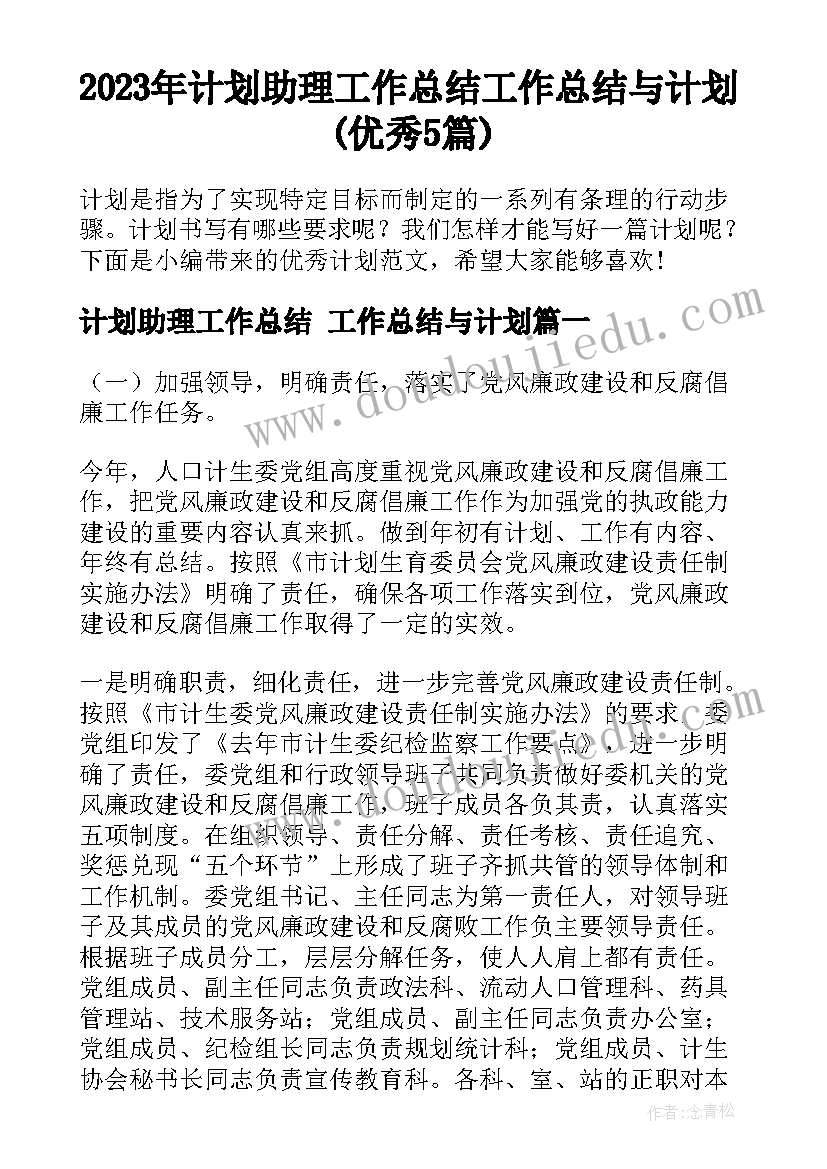 2023年计划助理工作总结 工作总结与计划(优秀5篇)