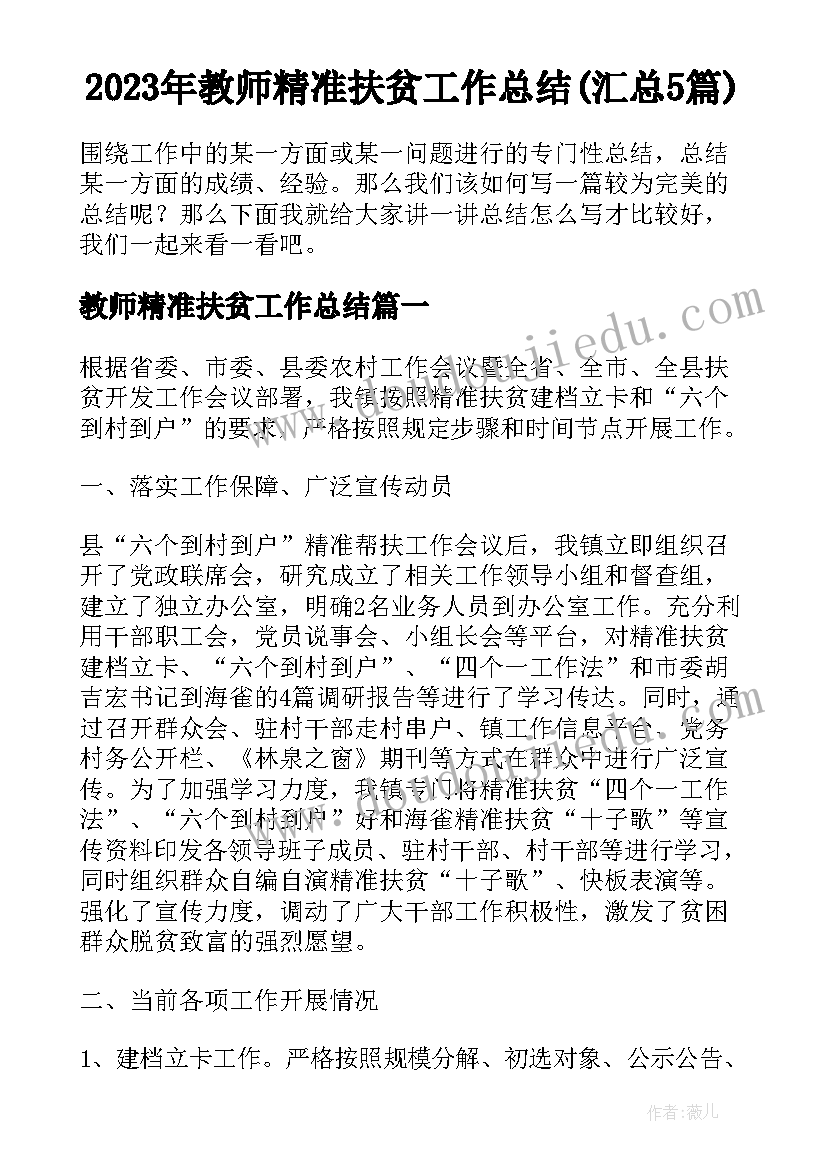 2023年教师精准扶贫工作总结(汇总5篇)