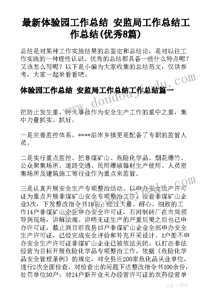 最新体验园工作总结 安监局工作总结工作总结(优秀8篇)