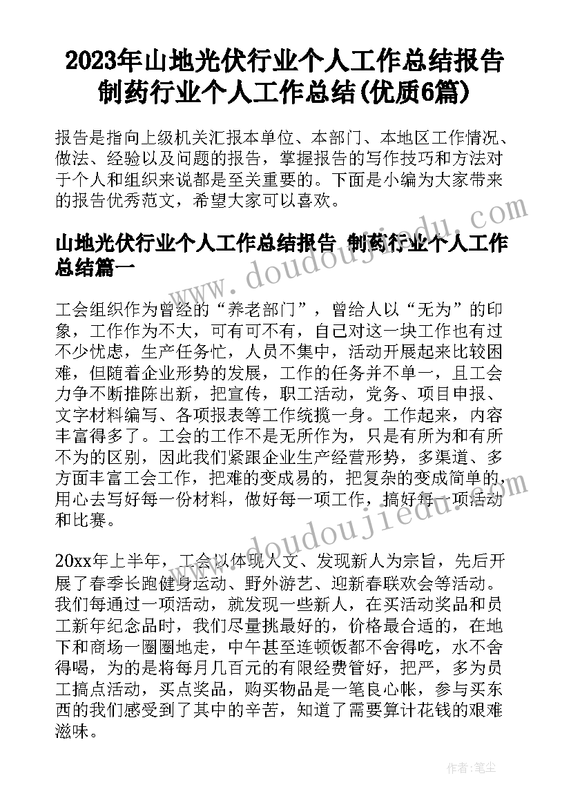 2023年山地光伏行业个人工作总结报告 制药行业个人工作总结(优质6篇)