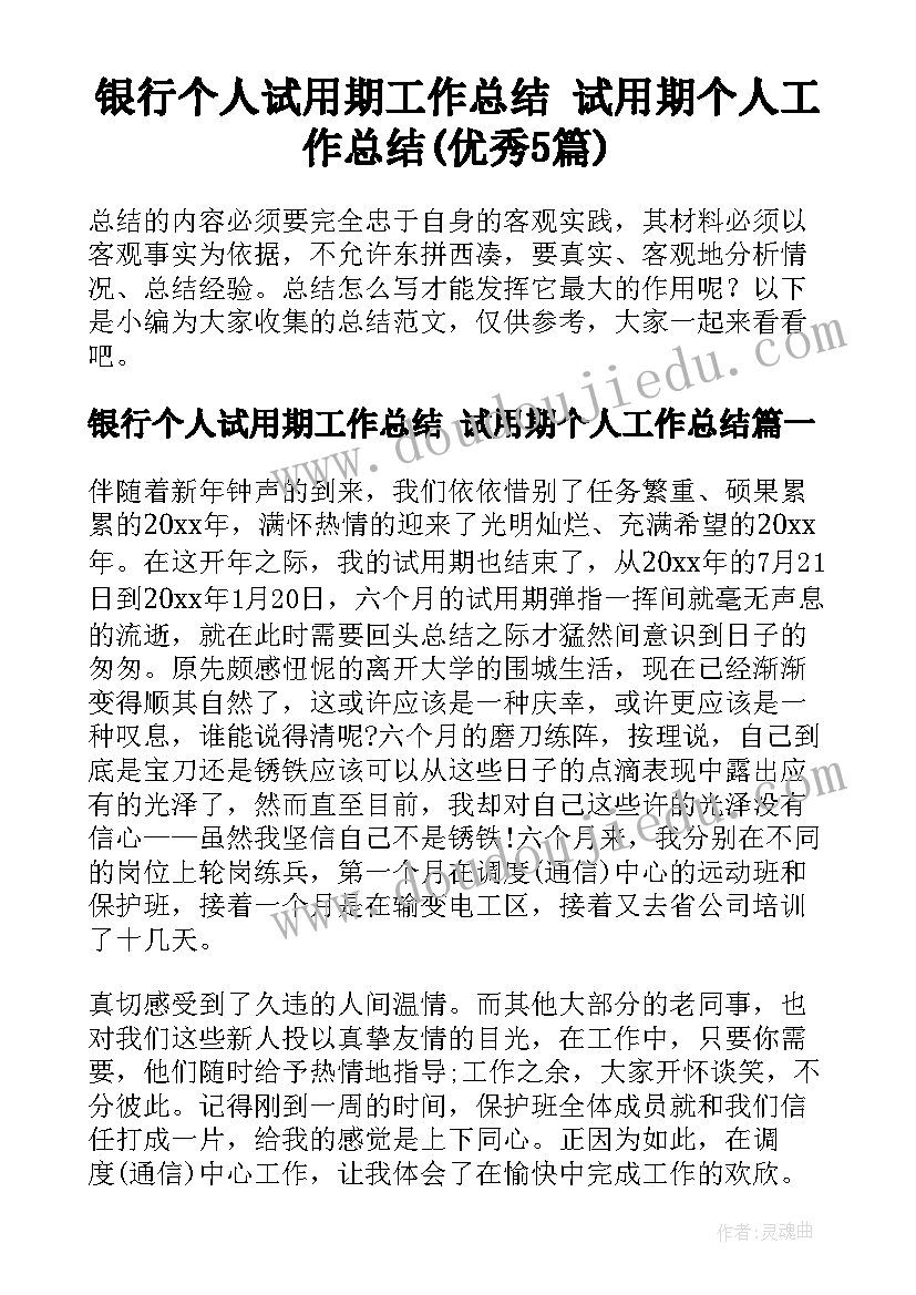 银行个人试用期工作总结 试用期个人工作总结(优秀5篇)