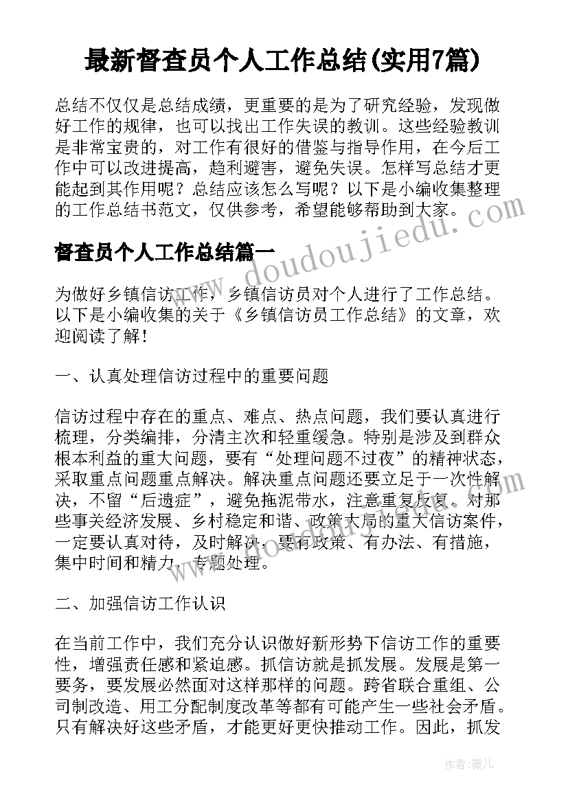 最新督查员个人工作总结(实用7篇)