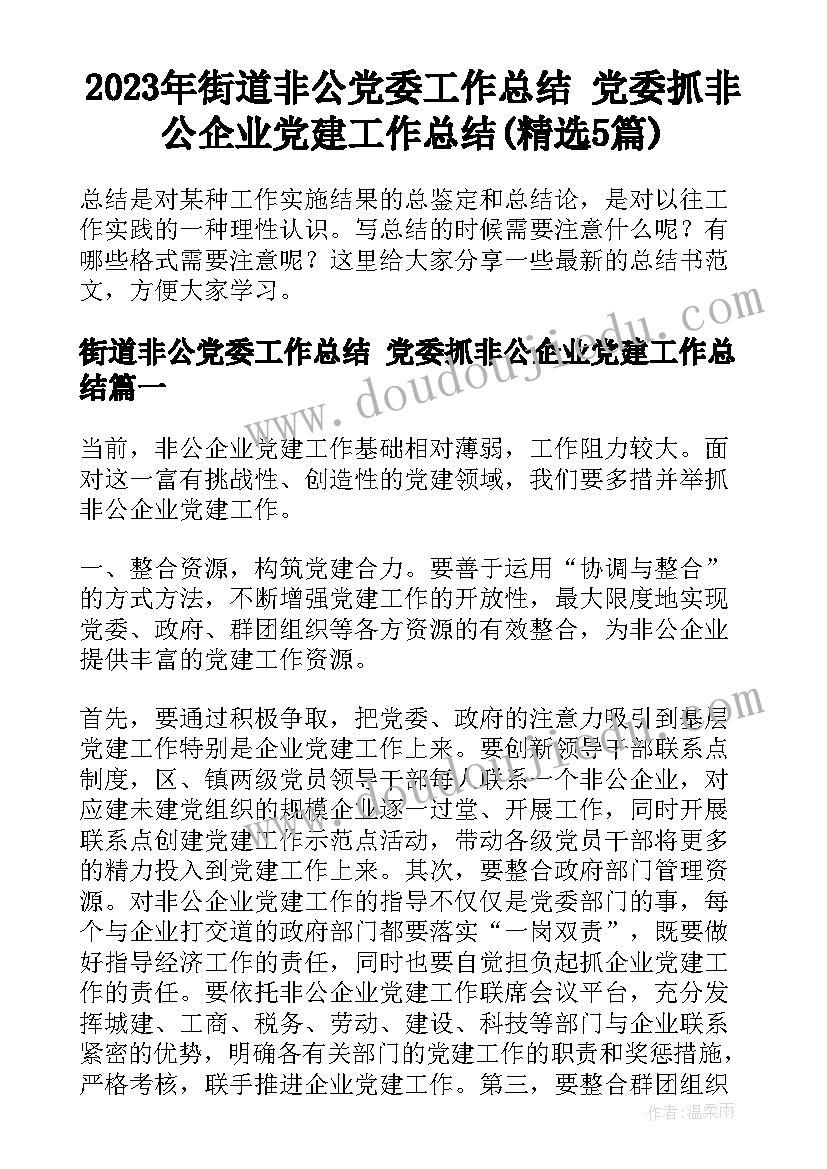 2023年街道非公党委工作总结 党委抓非公企业党建工作总结(精选5篇)