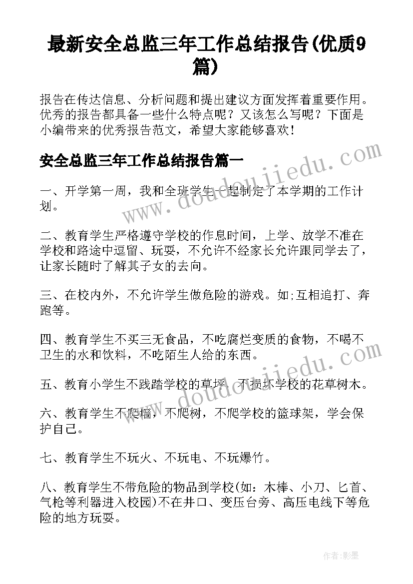 最新安全总监三年工作总结报告(优质9篇)