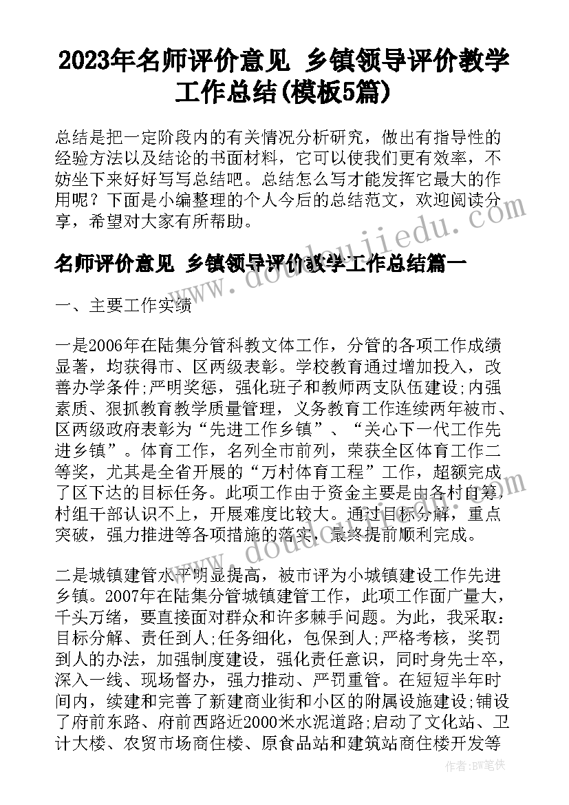 2023年名师评价意见 乡镇领导评价教学工作总结(模板5篇)