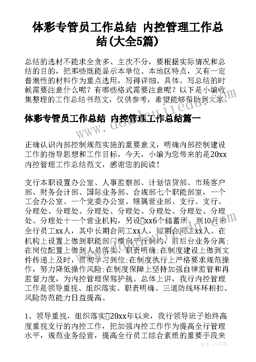 体彩专管员工作总结 内控管理工作总结(大全5篇)