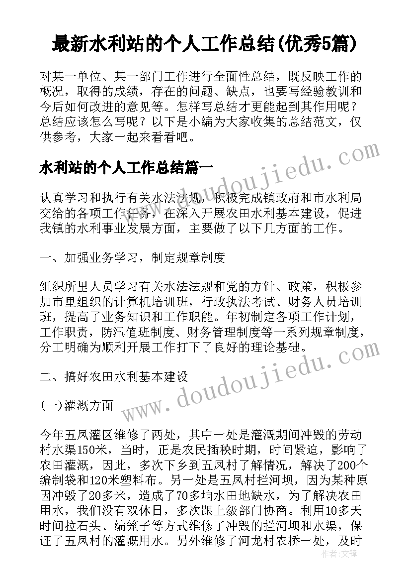 最新水利站的个人工作总结(优秀5篇)