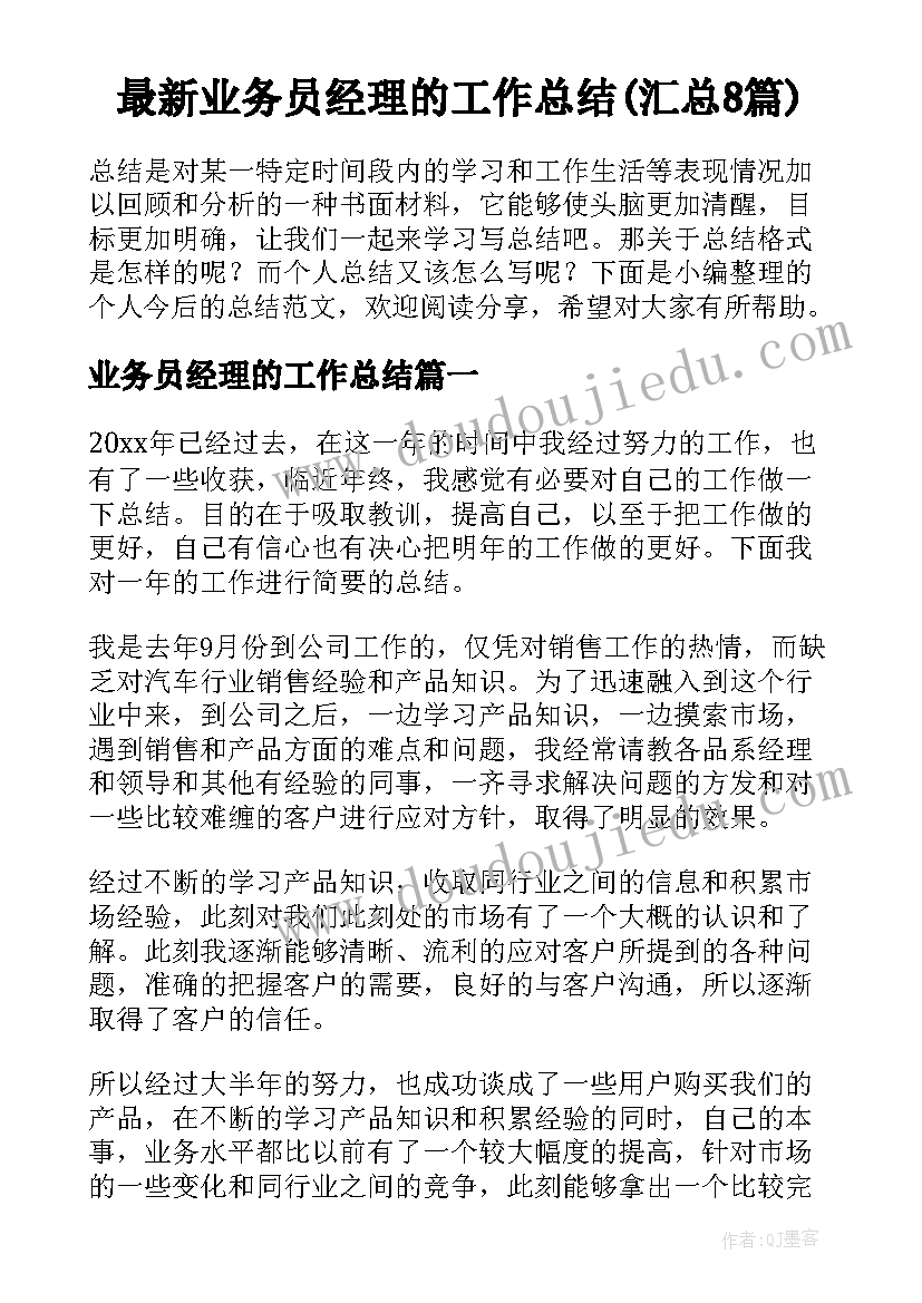 最新业务员经理的工作总结(汇总8篇)