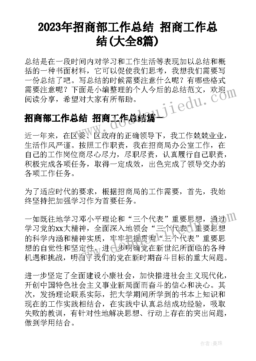 2023年招商部工作总结 招商工作总结(大全8篇)