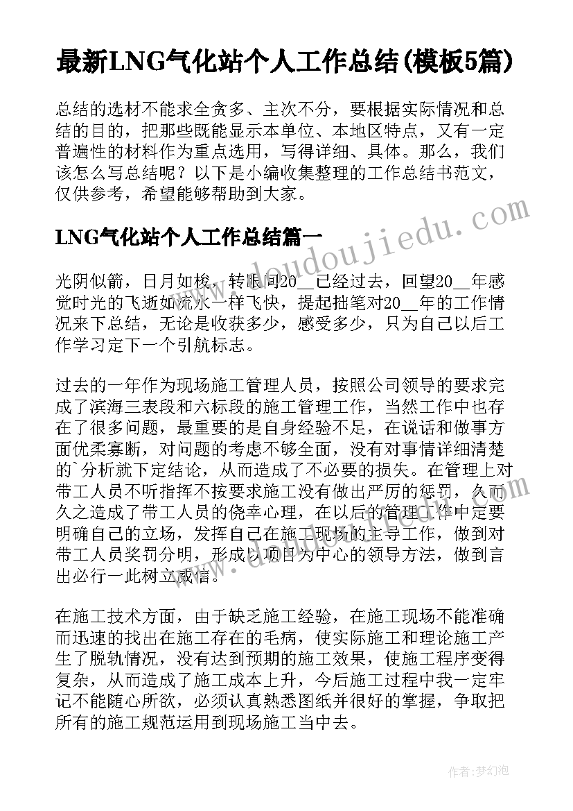 最新LNG气化站个人工作总结(模板5篇)