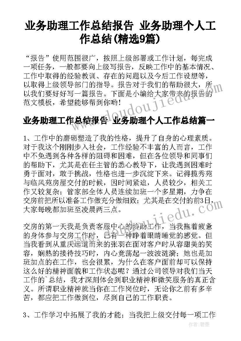 业务助理工作总结报告 业务助理个人工作总结(精选9篇)