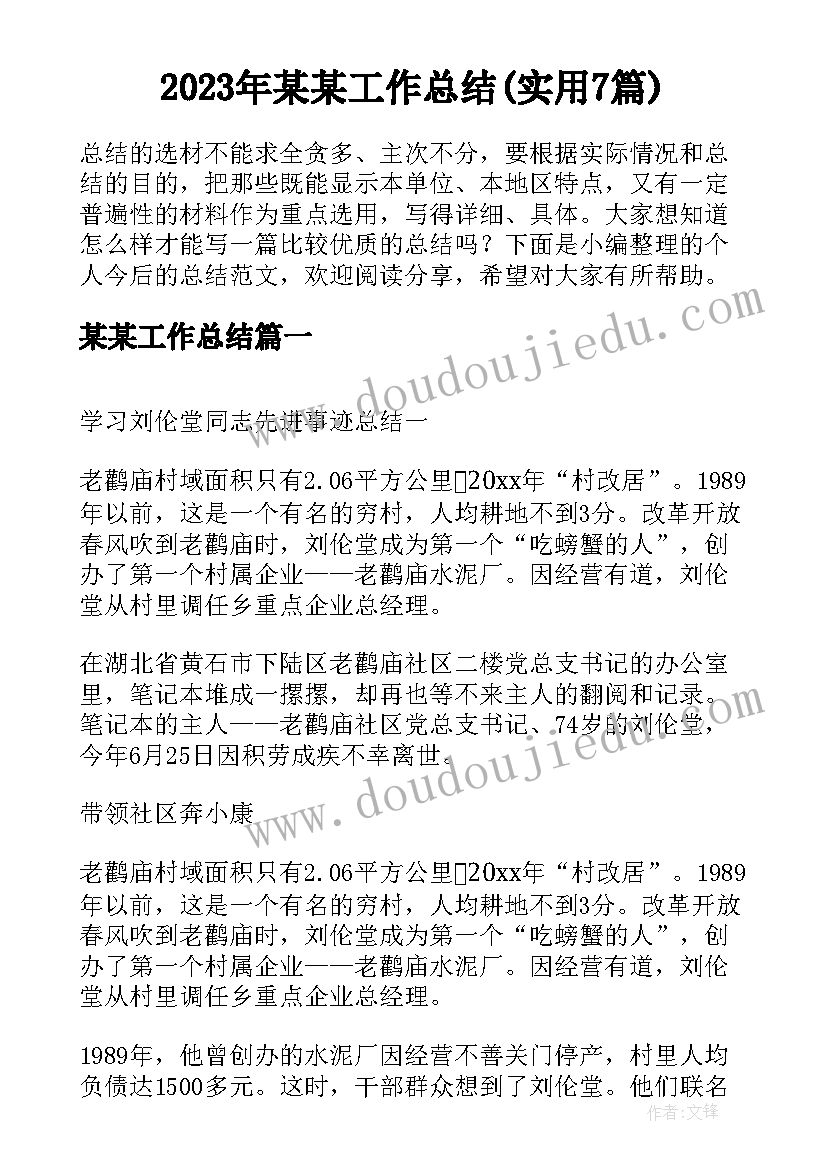 2023年某某工作总结(实用7篇)