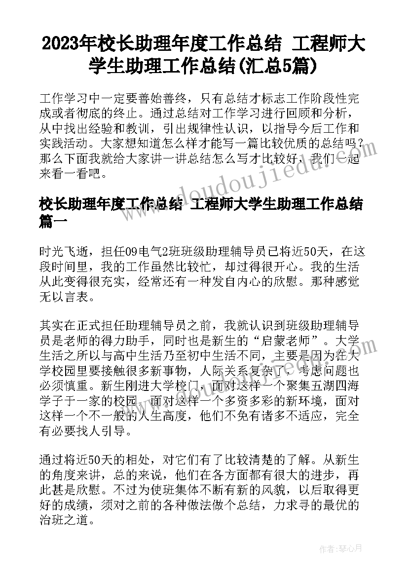 2023年校长助理年度工作总结 工程师大学生助理工作总结(汇总5篇)