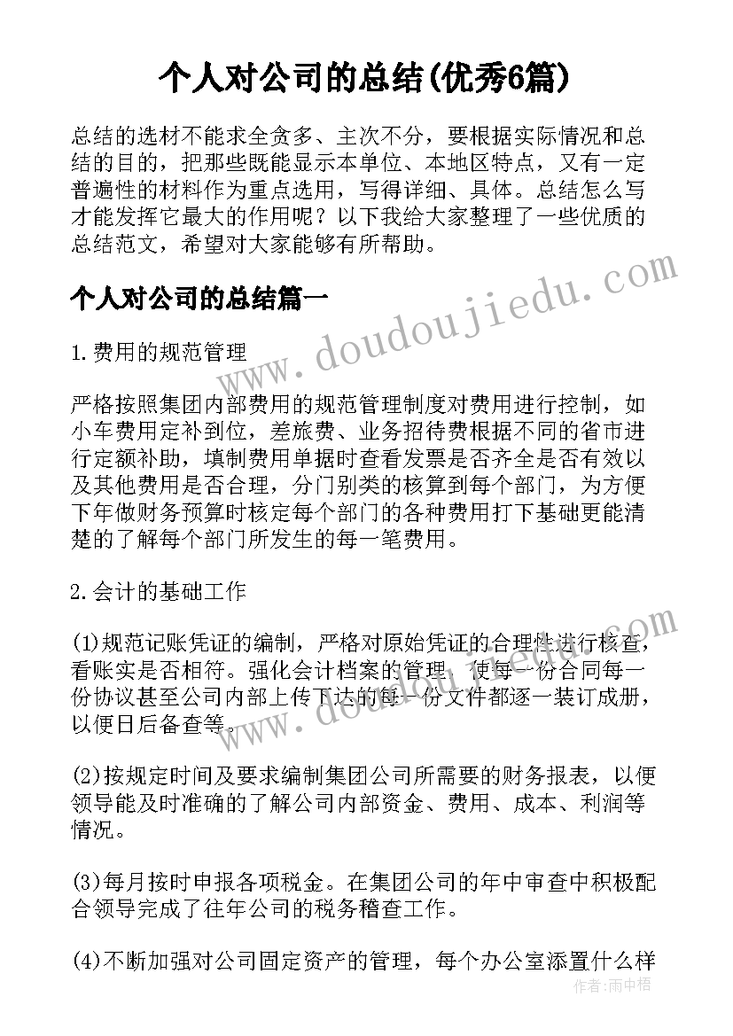 个人对公司的总结(优秀6篇)